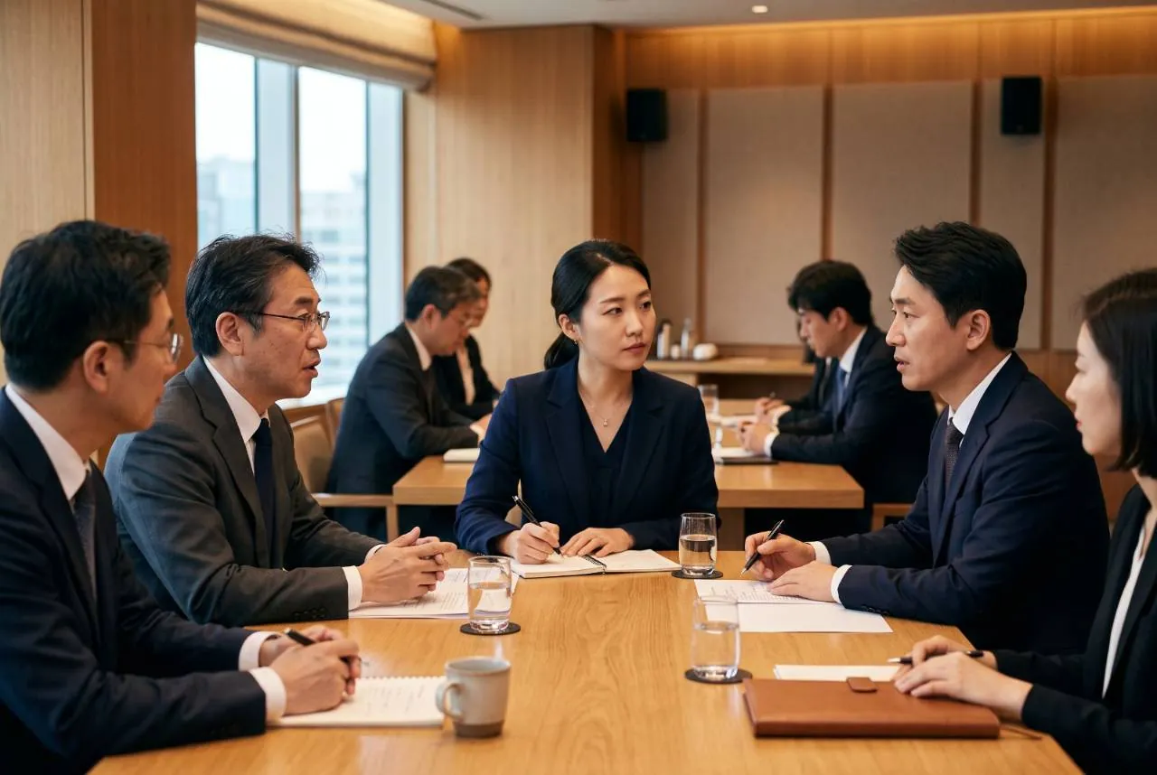 회의 테이블에서 양측 사이에 앉은 통역사