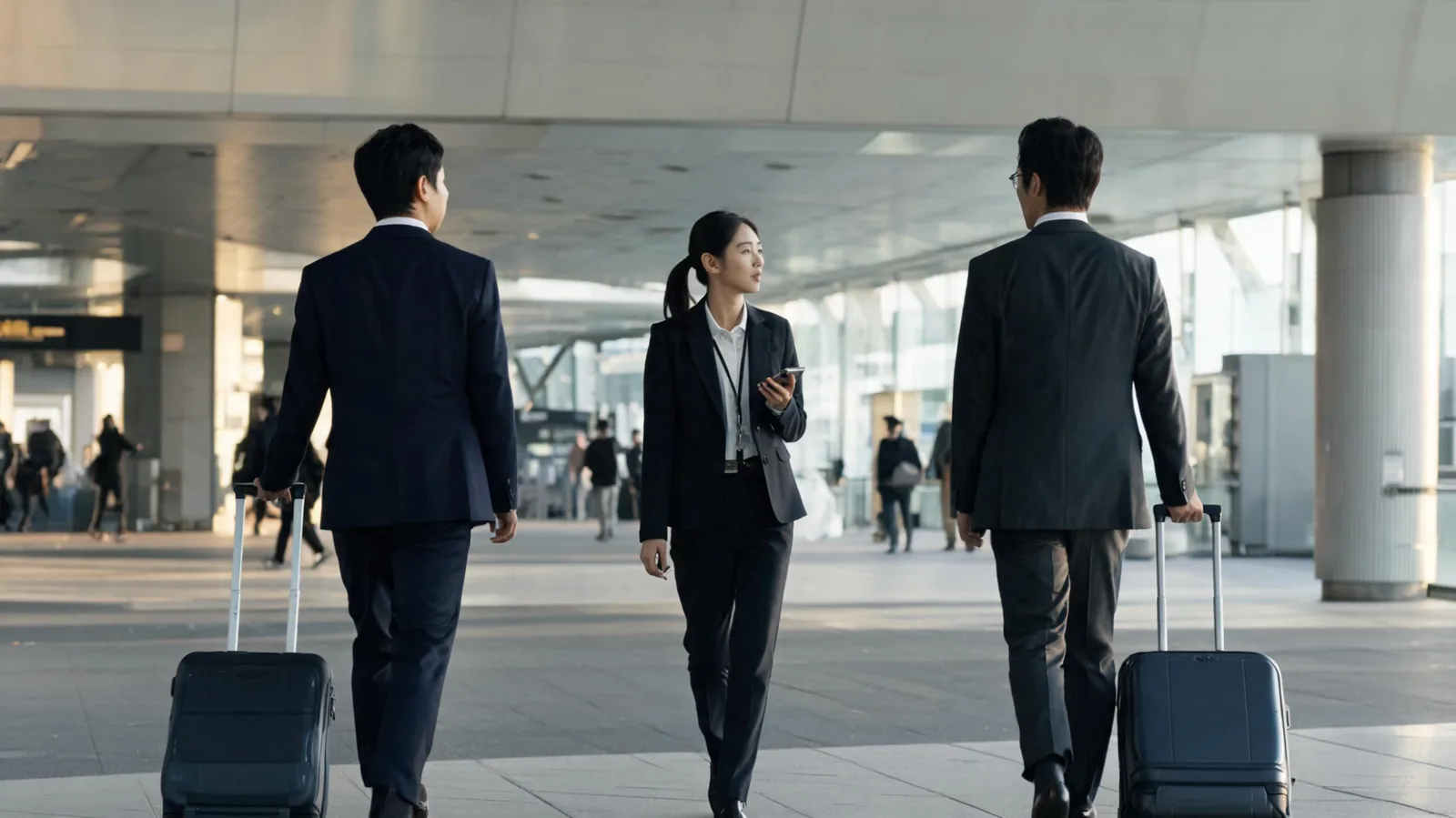 후쿠오카 현지 통역 — 통역사가 한국 출장자와 함께 후쿠오카 역 안을 이동하는 장면