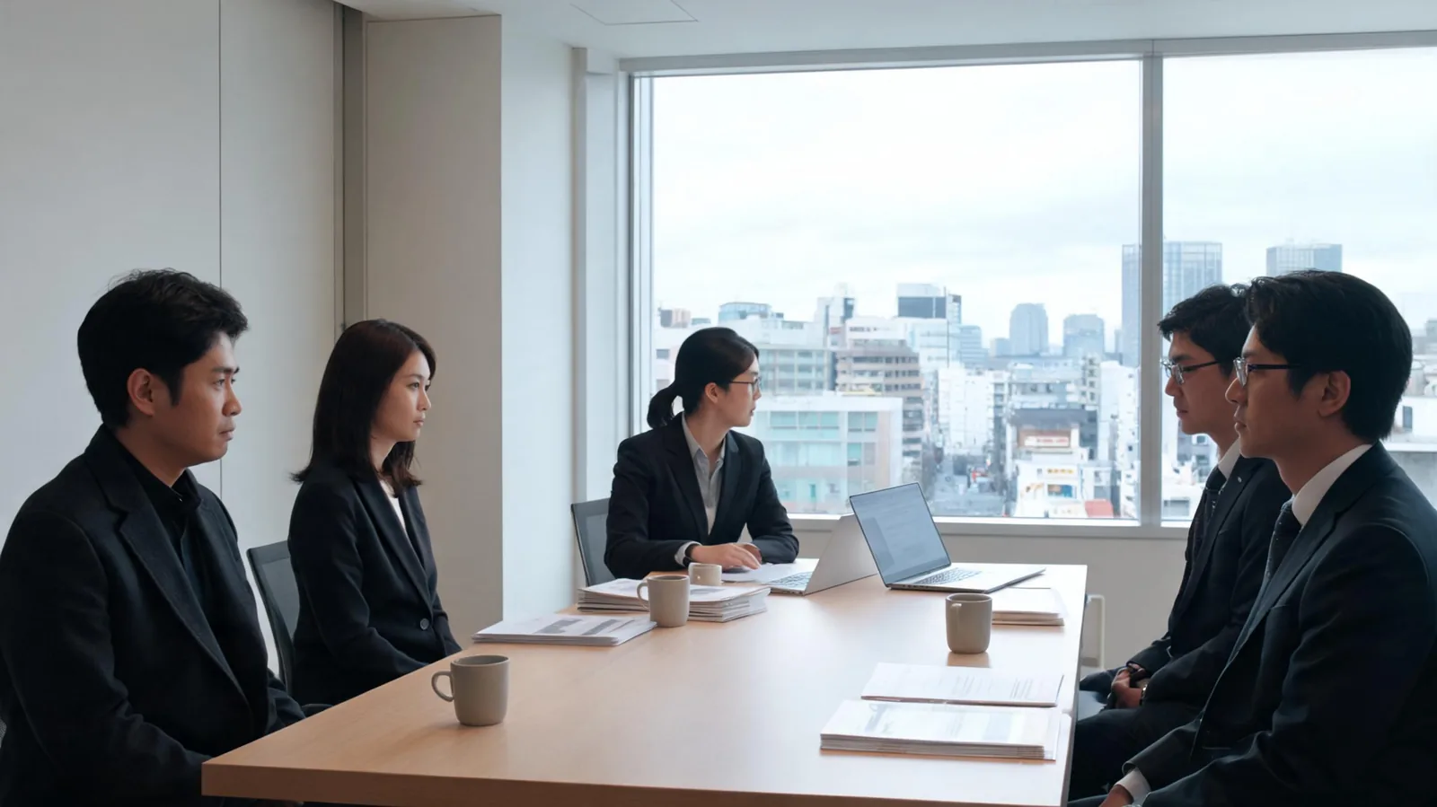 후쿠오카 현지 통역 — 하카타 사무실 회의실에서 통역사가 한국 방문객과 일본 담당자의 상담을 돕는 장면