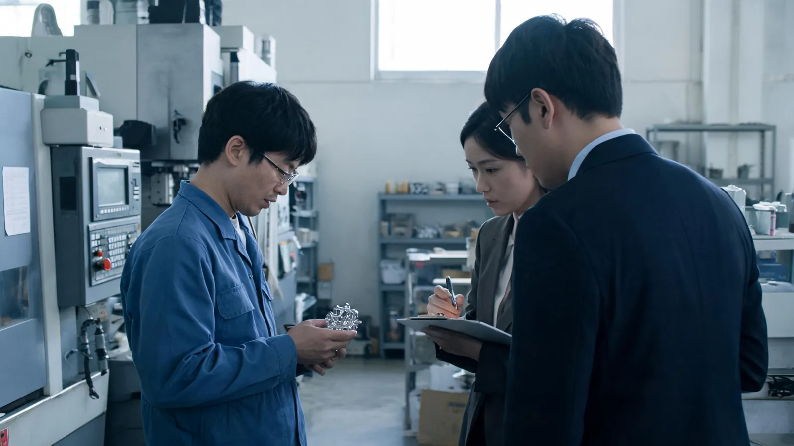 오사카 비즈니스 통역 — 제조업체 작업장에서 통역사가 한국 바이어와 일본 담당자의 대화를 돕는 장면