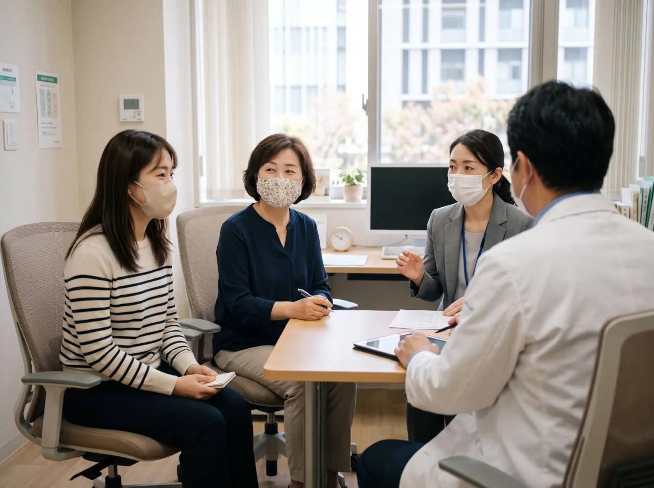 밝고 깨끗한 일본 병원 상담실, 환자 가족과 통역사